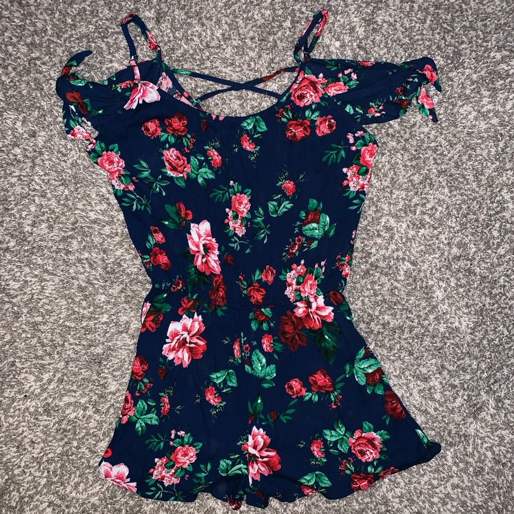 Navy Blue Floral Romper with Tying Sleeves